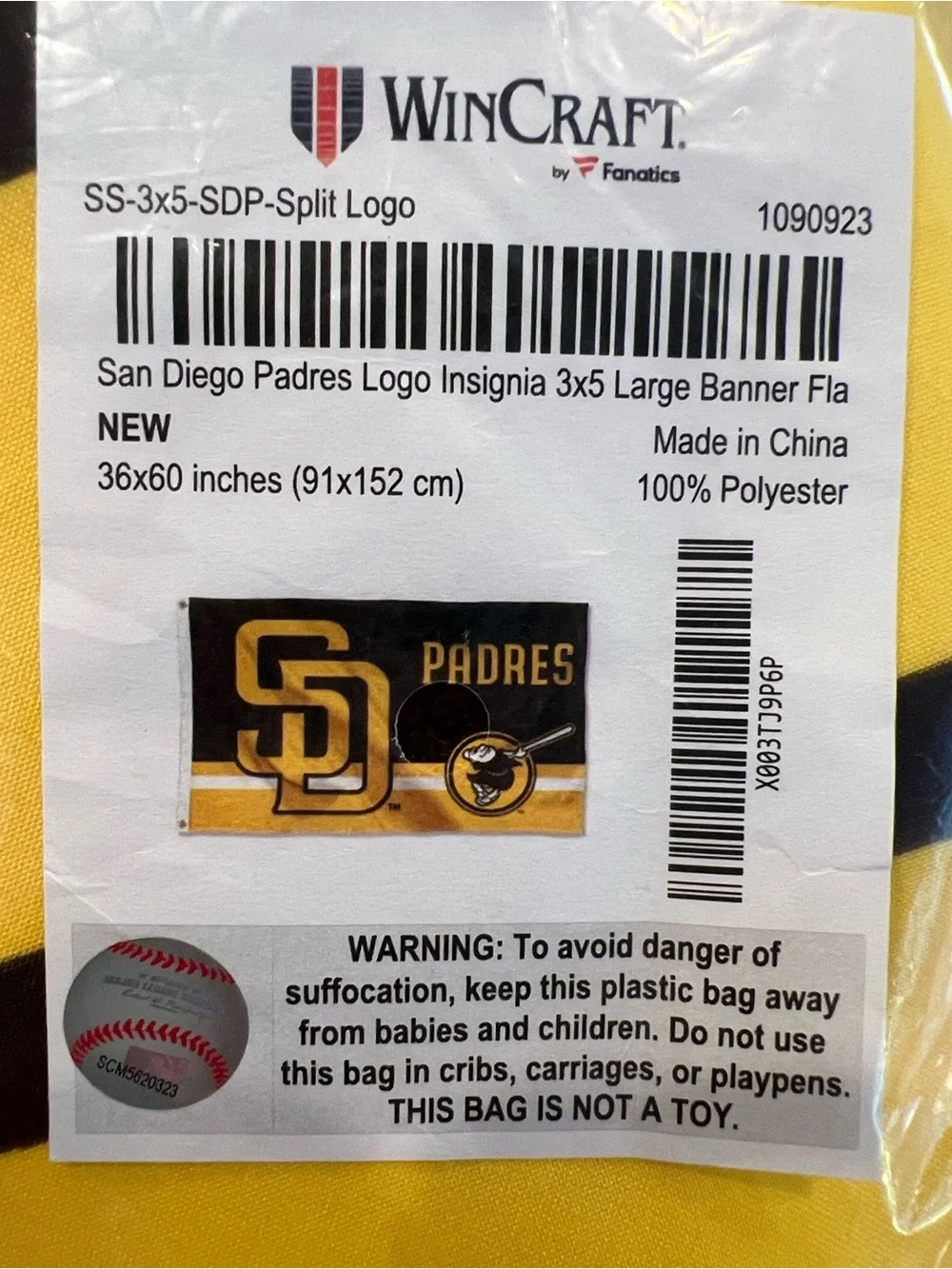 Fanatics San Diego Padres Baseball Team Fan Flag Brown yellow Gold Padres Flag